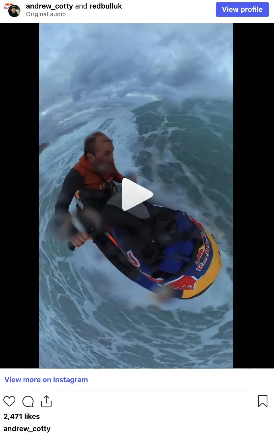 Andrew Cotton riding a Jet Ski fitted with Jeff Scott's camera mount, filming Red Bull big-wave footage at Nazaré