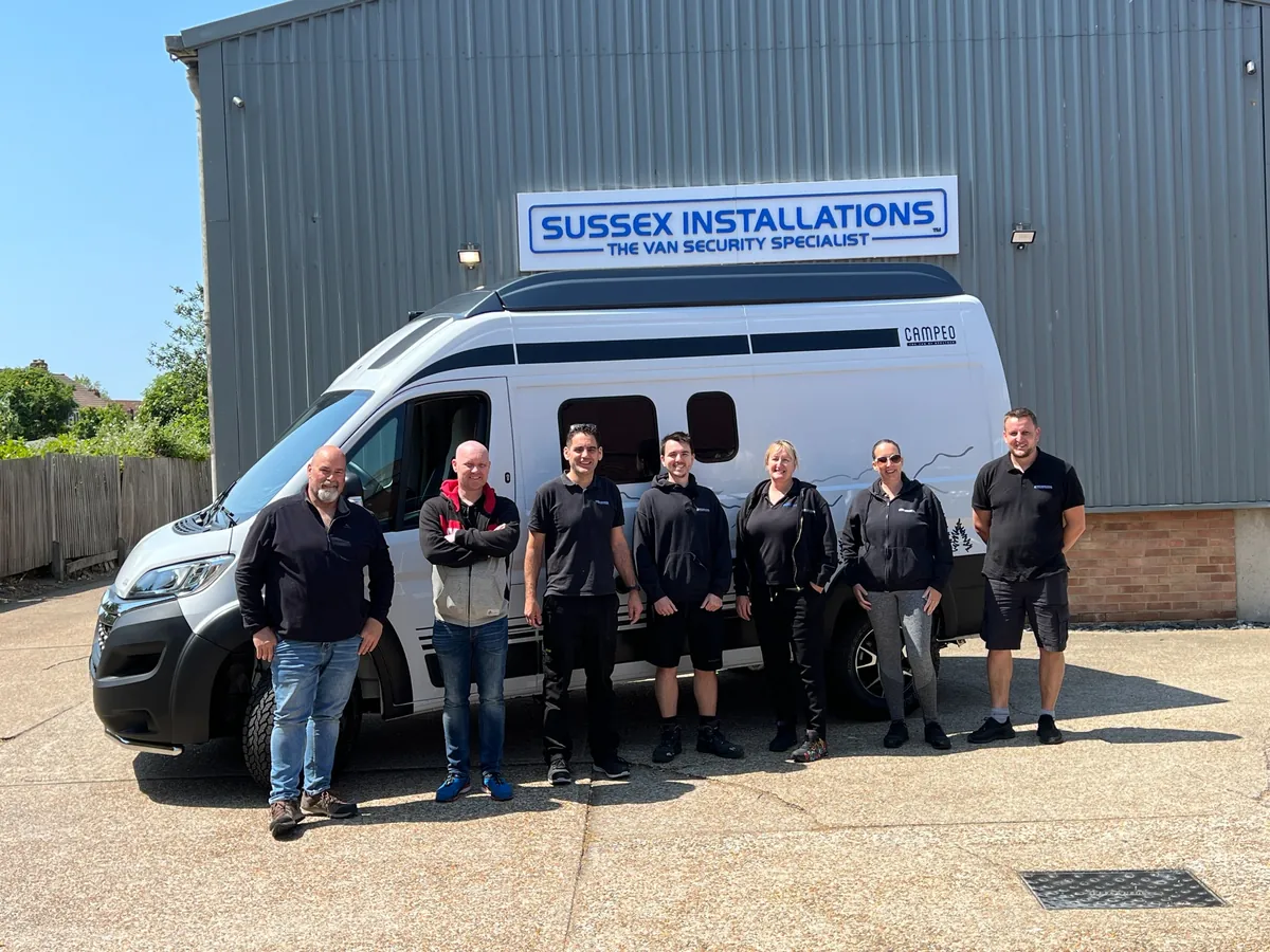 Tom from Belgium with his Burstner Campeo C540 4x4 motorhome and the Sussex Installations team in Eastbourne