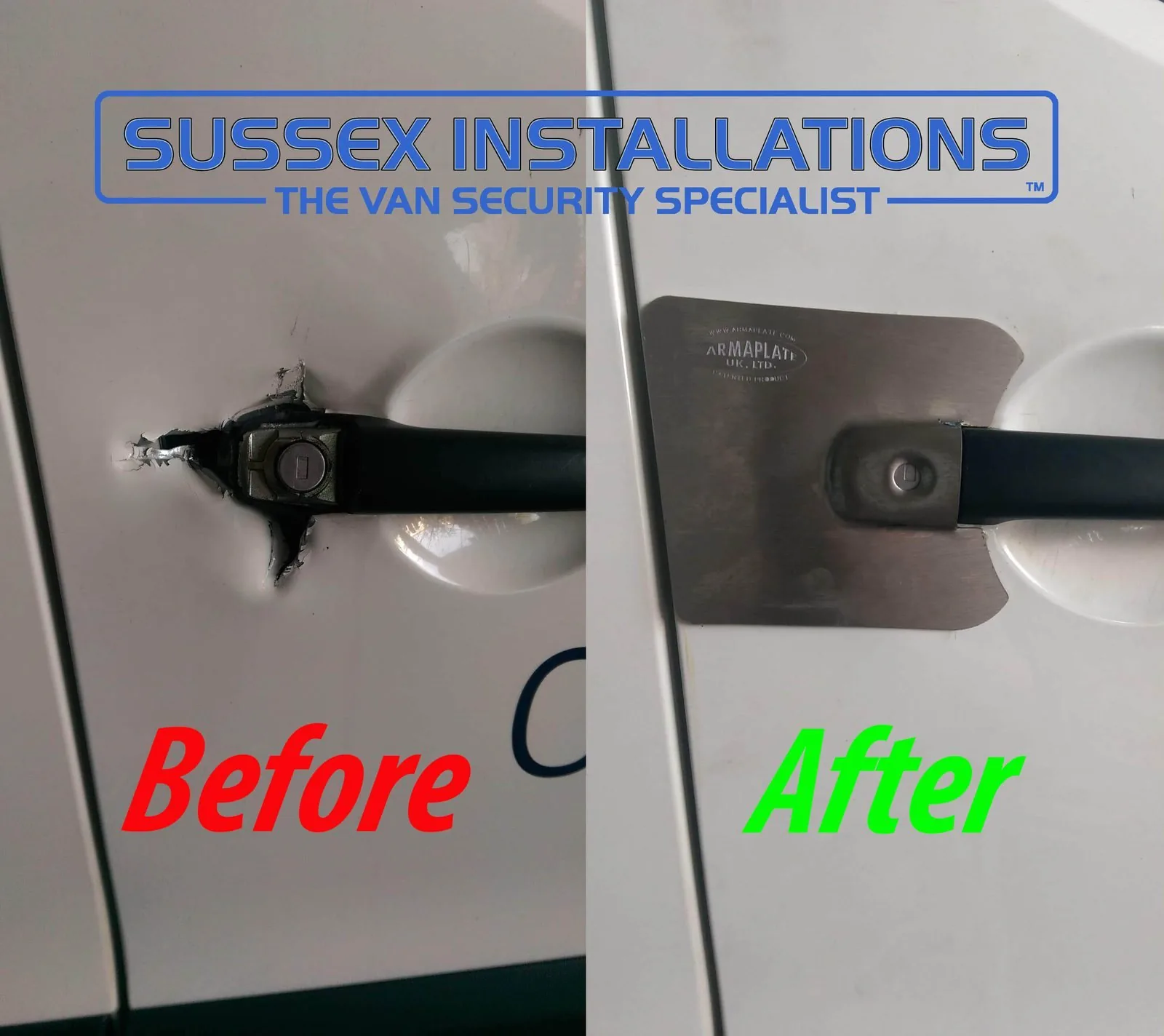 Before and after: a Mercedes van door handle damaged by a screwdriver attack, then repaired and reinforced with an Armaplate handle shield
