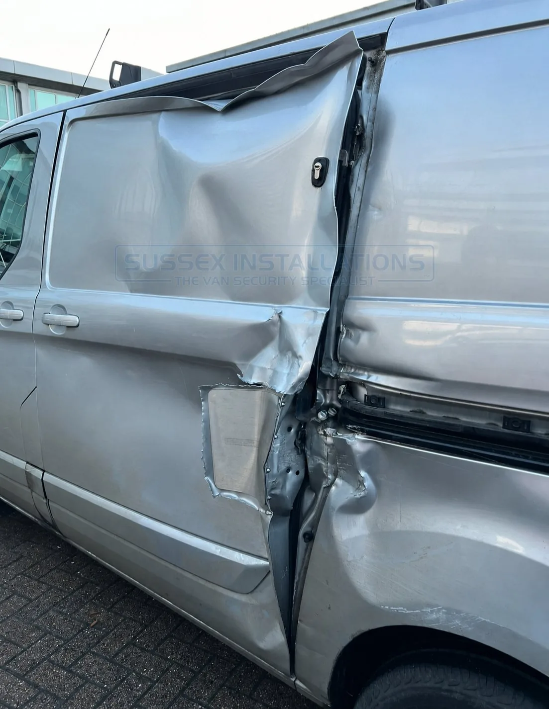 A van subjected to a brute force crowbar attack, protected by a Stealth Shield