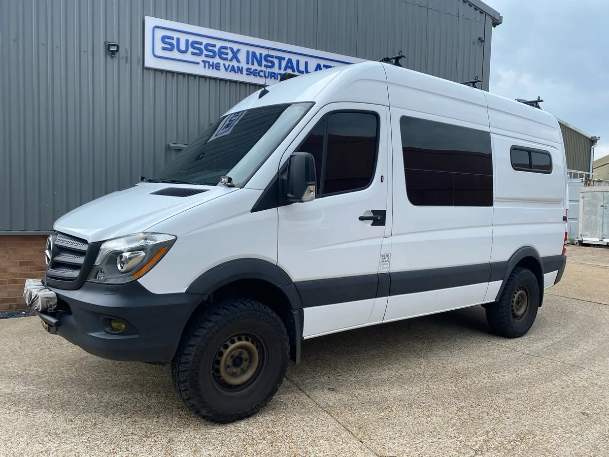 4WD Mercedes Sprinter motorhome from California at Sussex Installations before travelling through Europe