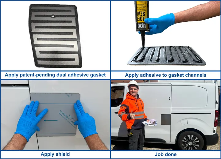 EASYFIX fitting in four steps: apply the dual adhesive gasket, add adhesive, apply the shield, job done