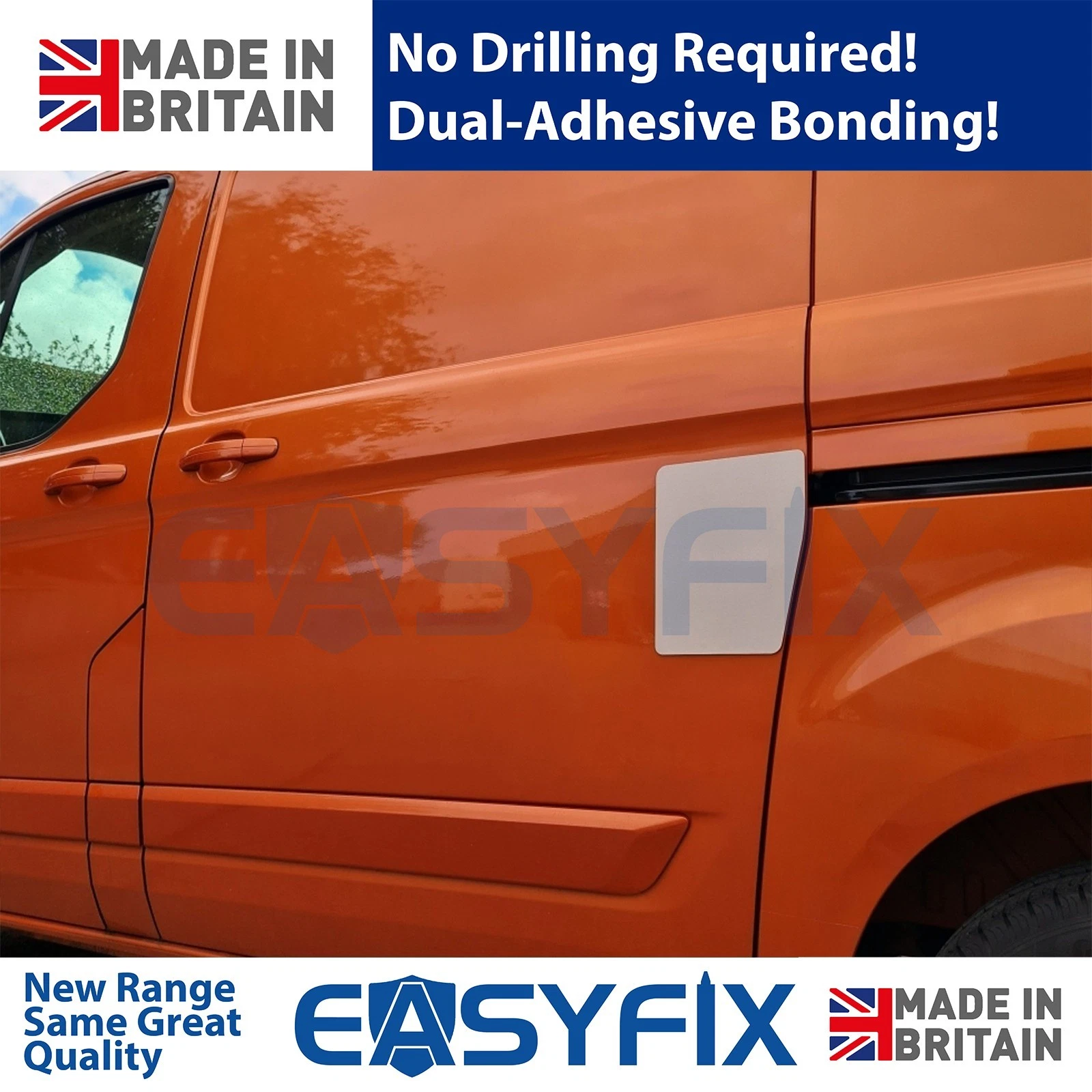 EASYFIX no-drill stainless steel repair shield bonded to the side load door of an orange Ford Transit Custom