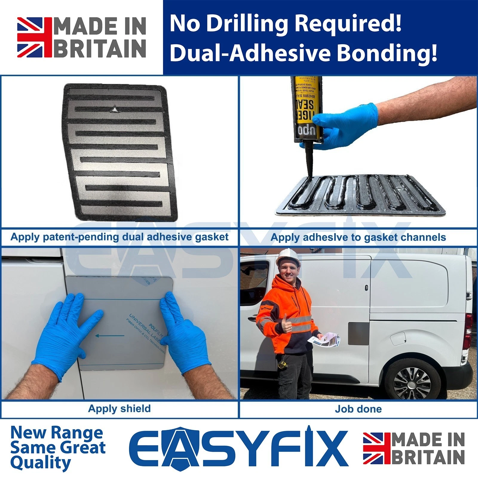 Four stages of fitting an EASYFIX shield: the dual-adhesive gasket, adhesive in the gasket channels, applying the shield and the finished van