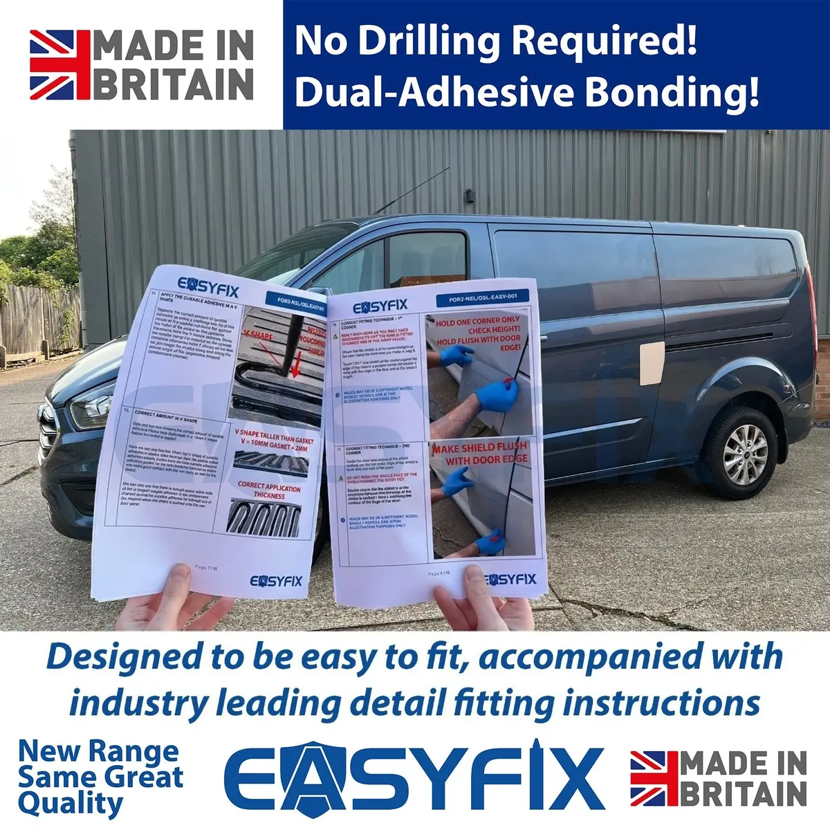 EASYFIX fitting instruction pages held up in front of a Ford Transit Custom fitted with an EASYFIX shield
