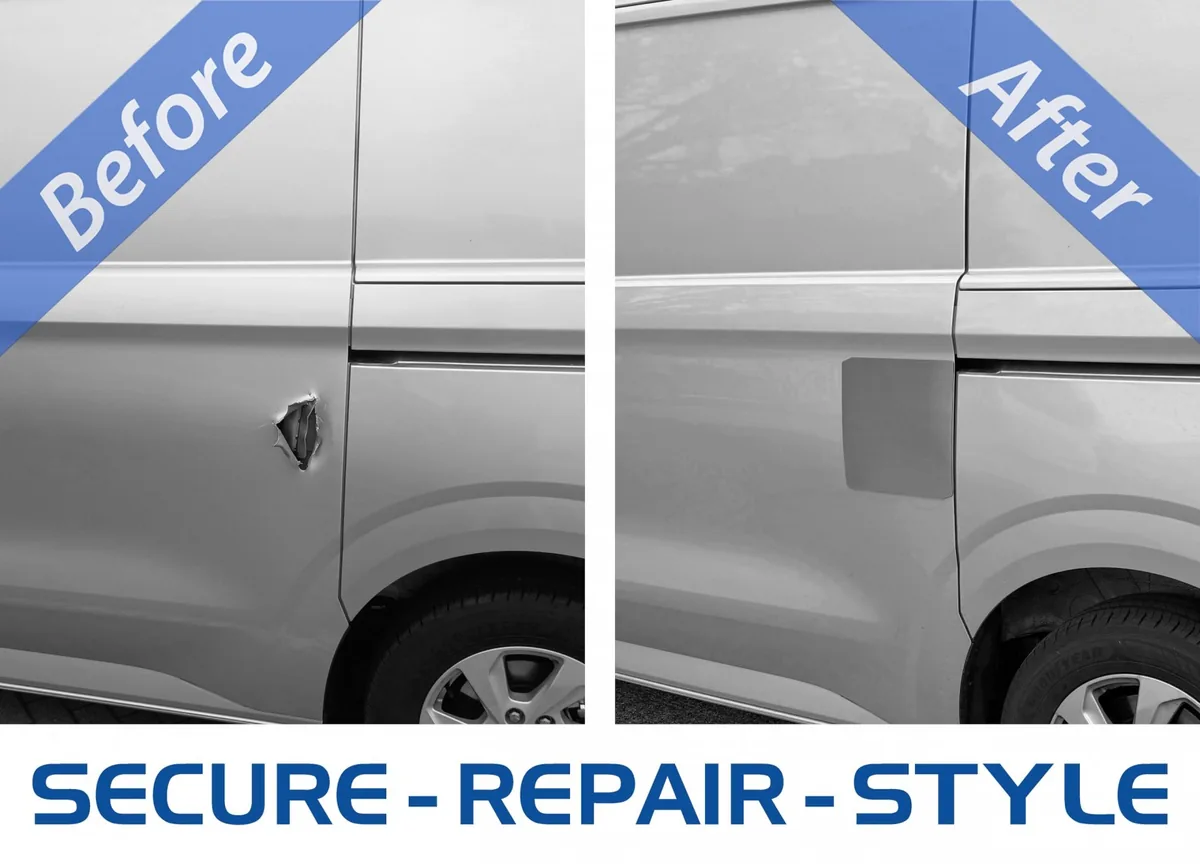 Before and after comparison of a van door damaged in a break-in, repaired with an external security shield