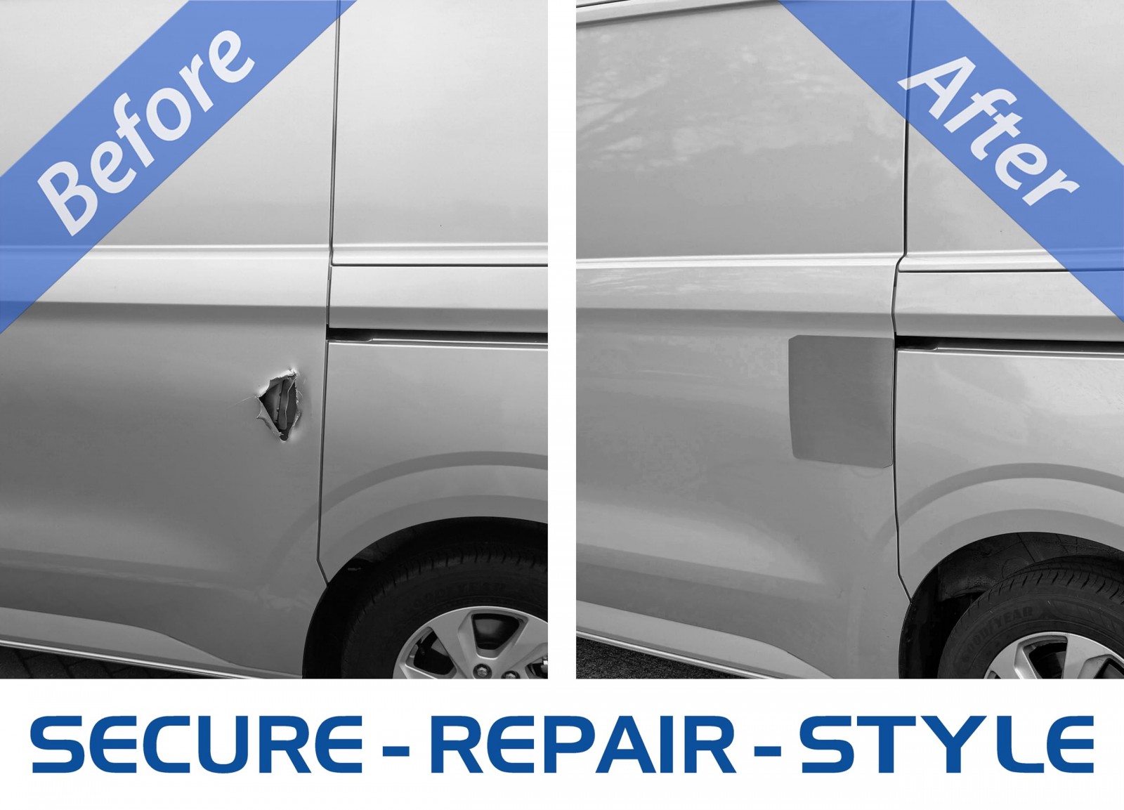 Van door repaired and reinforced with an external security shield