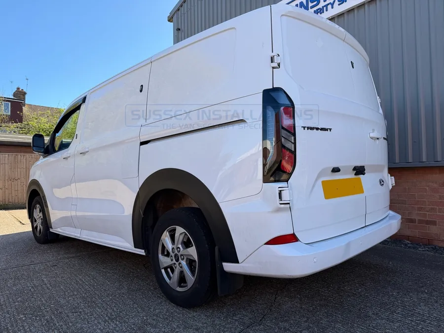 Rear view of the same Ford Custom 2024-on in Frozen White at Sussex Installations