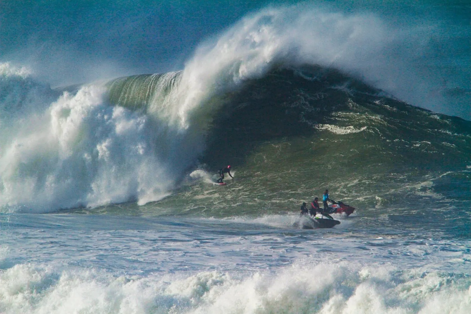 Jeff Scott surfing a huge wave at Nazaré, Portugal in February 2025