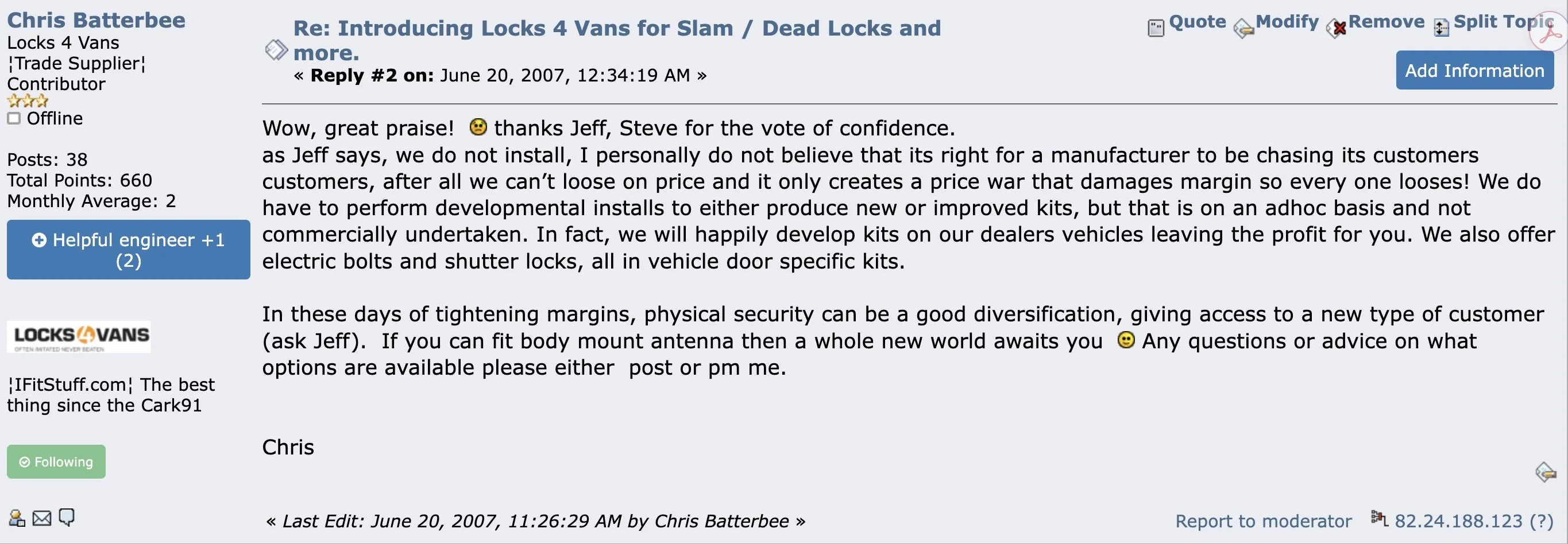 Chris Batterbee's reply on 20 June 2007 thanking Jeff Scott and Steve for the vote of confidence