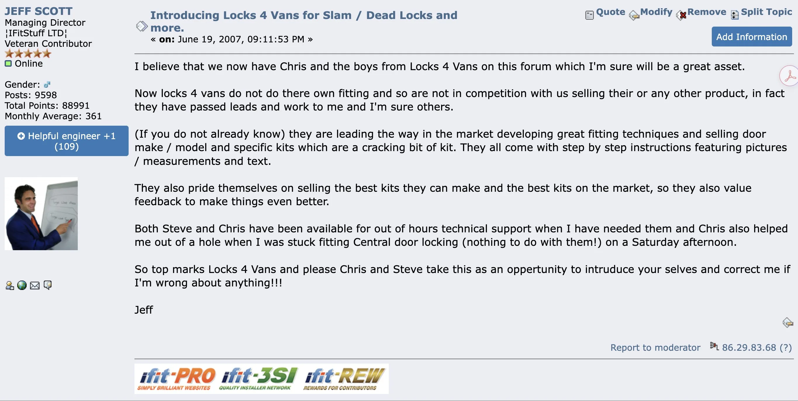 Jeff Scott's original ifitstuff forum post from 19 June 2007 introducing Chris Batterbee and Locks 4 Vans