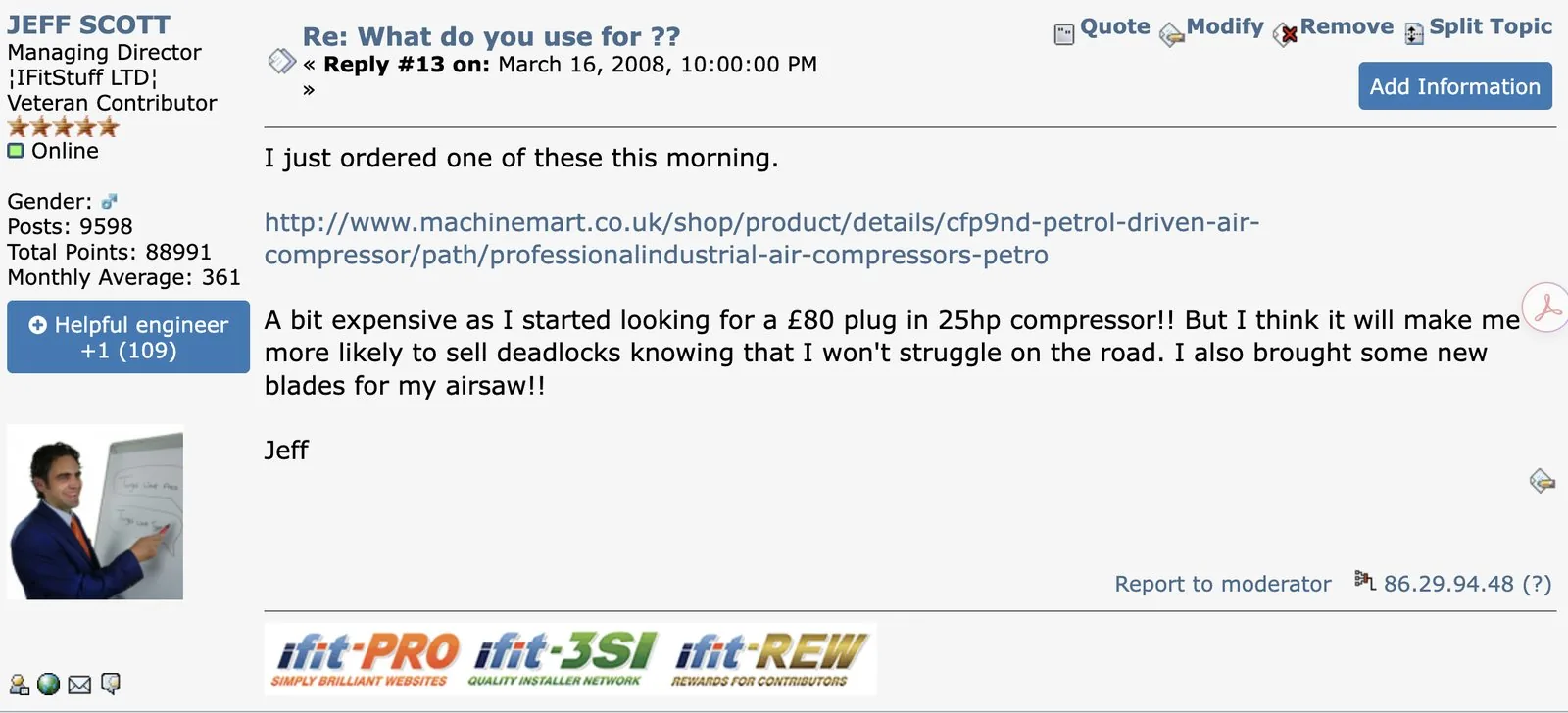 Jeff Scott orders a petrol compressor in 2008 to lead mobile installation quality of deadlocks