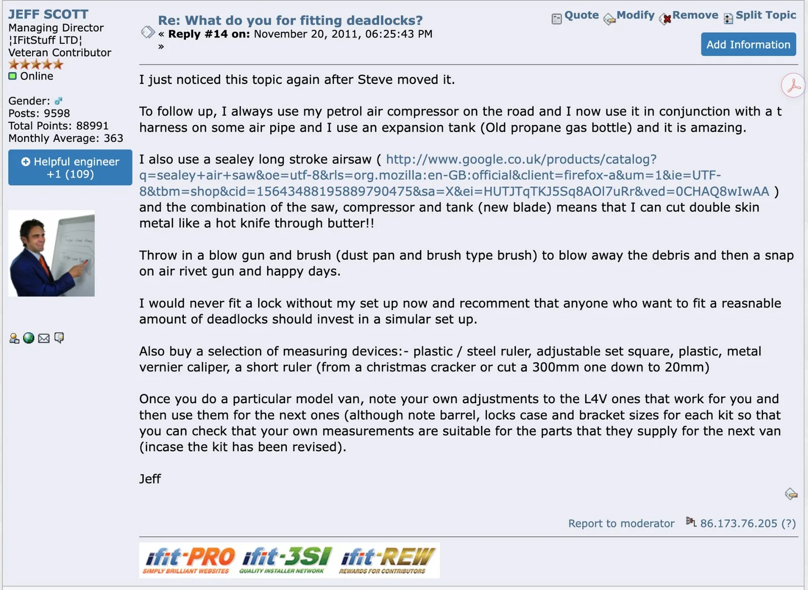 2008 ifitstuff forum posts showing Jeff Scott ordering a petrol compressor and discussion of deadlock fitting tools