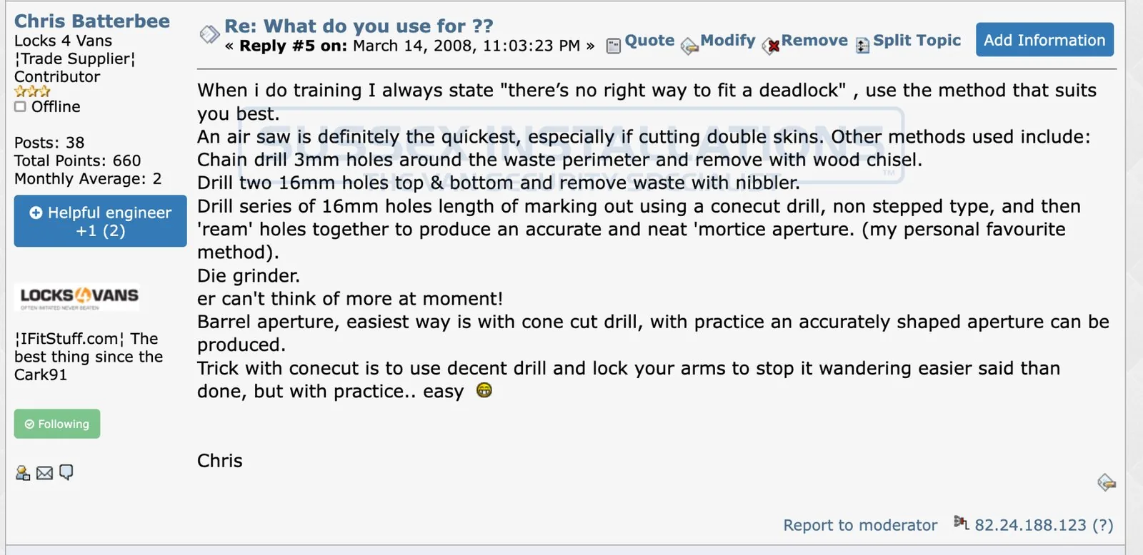 2008 ifitstuff forum post by Locks 4 Vans founder Chris Batterbee describing deadlock fitting methods