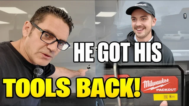 YouTube thumbnail: Thieves Drilled His Ford Transit and Stole His Tools—But He Got Them Back!