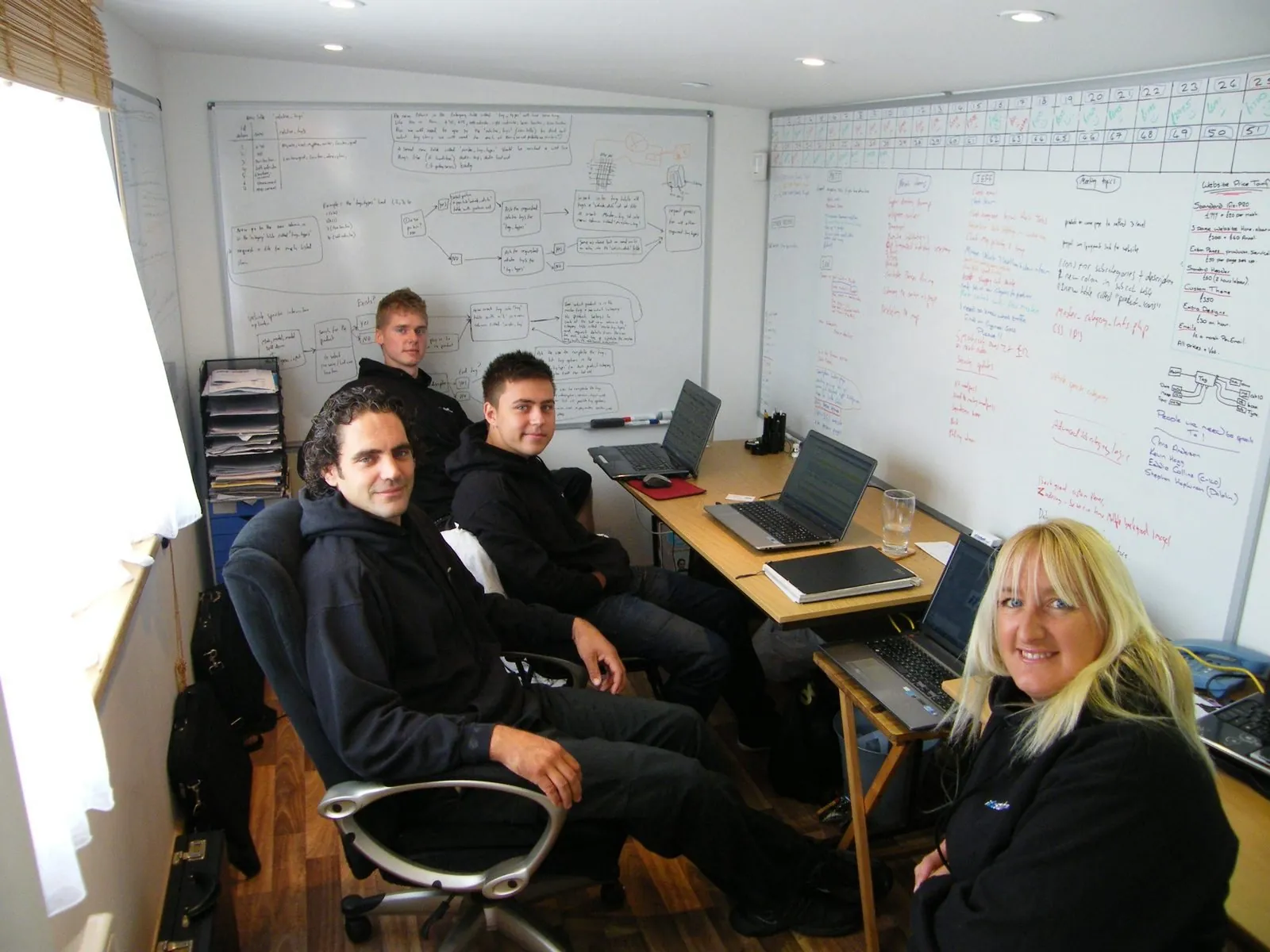 Jeff Scott with two employed web developers in the back-garden office in 2013