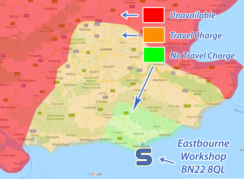 Map of the Sussex Installations mobile service area: no travel charge around Eastbourne, travel charge across the South East including London, unavailable beyond