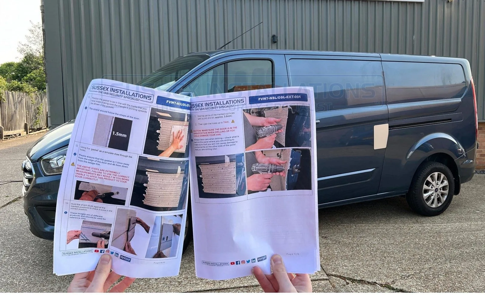 Sussex Installations printed fitting instructions being held up in front of a Ford Transit Custom