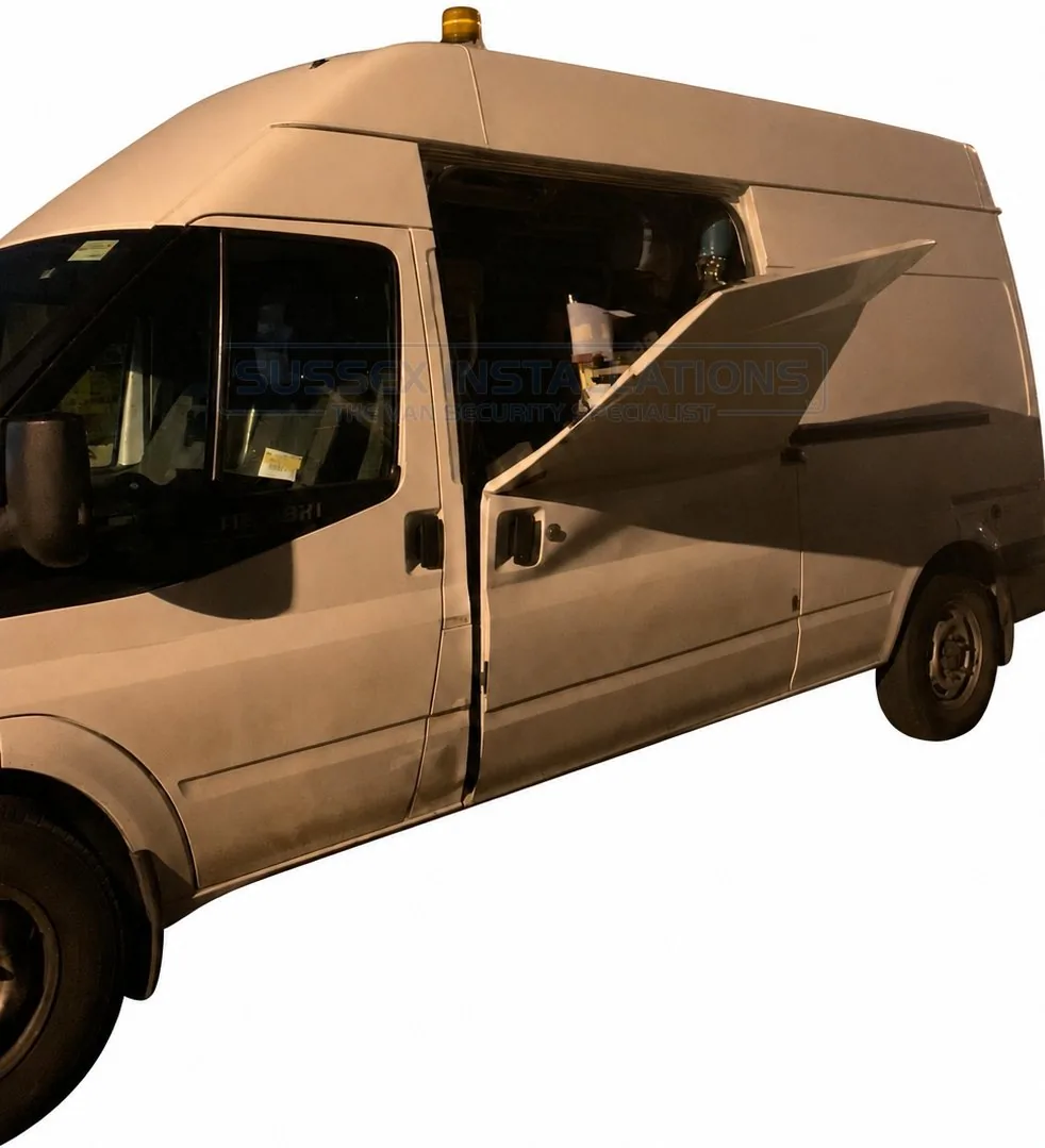 A Ford Transit side load door showing damage from a peel and steal attack